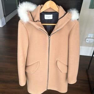 Sandro beige wool coat with white fox fur detail